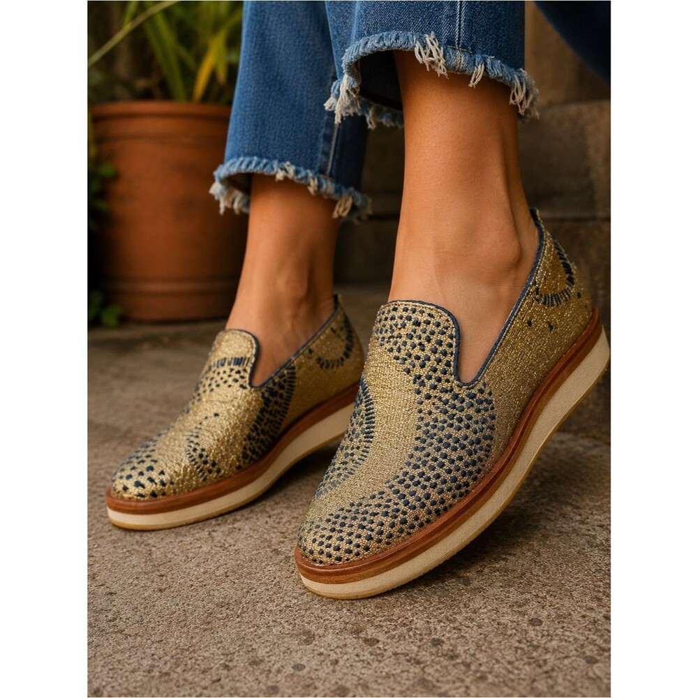 Free People Metallic Embroidered Slip On Platform Loafers 38 Gold Blue (7.5/8)